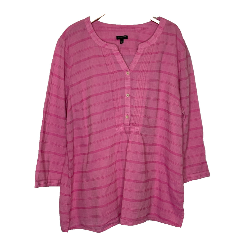 Women's PXL Talbots Pink Stripe Cotton Button Front Popover Blouse